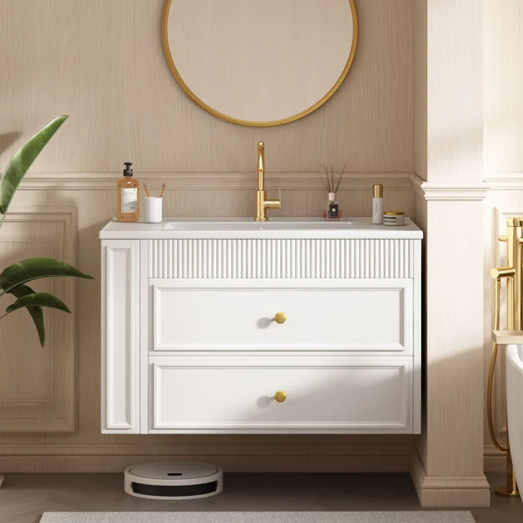 Flieks wandhängender Waschtischunterschrank, Badezimmerschrank mit Keramikwaschbecken, Schubladen & seitlichem Regal, 81 x 47 x 52 cm, weiß – Bild 2