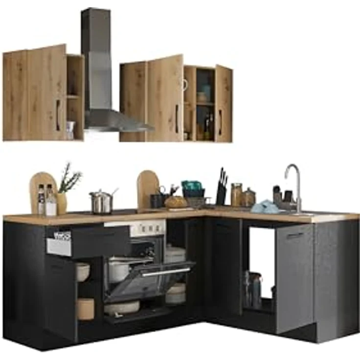 Turin L Eckküche 210 x 211 x 60 cm, schwarz - Basic Küchengeräte - Moderne, geräumige Küche in Artisan-Eiche Optik mit viel Stauraum – Bild 4