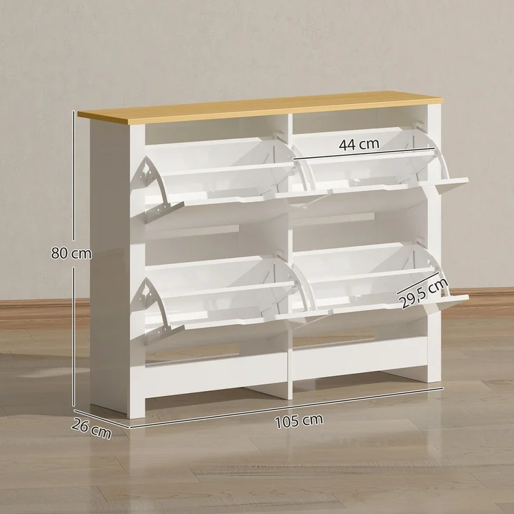Schuhschrank Schmal mit 4 Klappfächern für 8–16 Paar Schuhe, 105 x 26 x 80 cm, Weiß+Natur--Weiß--80x26x105cm--YOUDENOVA – Bild 5