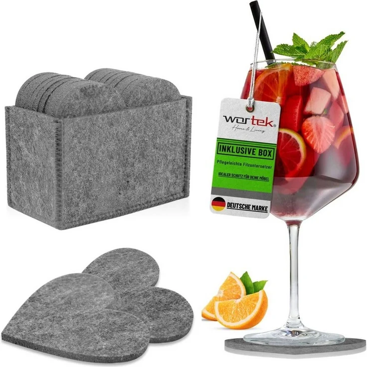wortek Getränkeuntersetzer Filz-Untersetzer Herz für Gläser 10er Set + Box, Zubehör für Tisch & Gläser, Set, 10-tlg, waschbare Getränke Glasuntersetzer Gläser, Tischuntersetzer Filz 10 cm