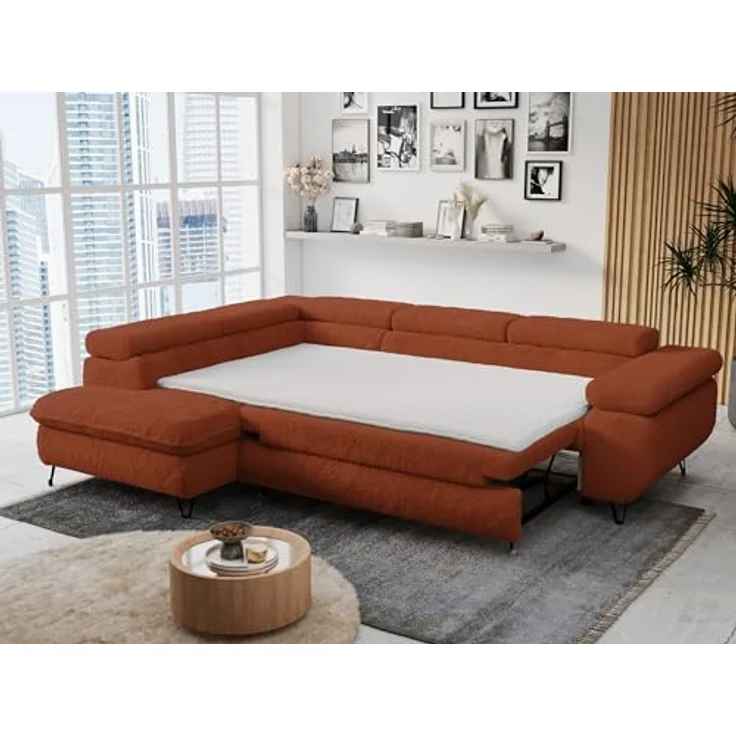 Ecksofa mit Bettfunktion, Modern Sofa, L-form, Einstellbare Kopfstützen, Bettkasten - PETER - Orange Plüsch - Topper T25 - links – Bild 5