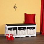 100cm Sitzbank mit 3 Körben Holzbank Sitztruhe Kissen Weiß Truhenbank