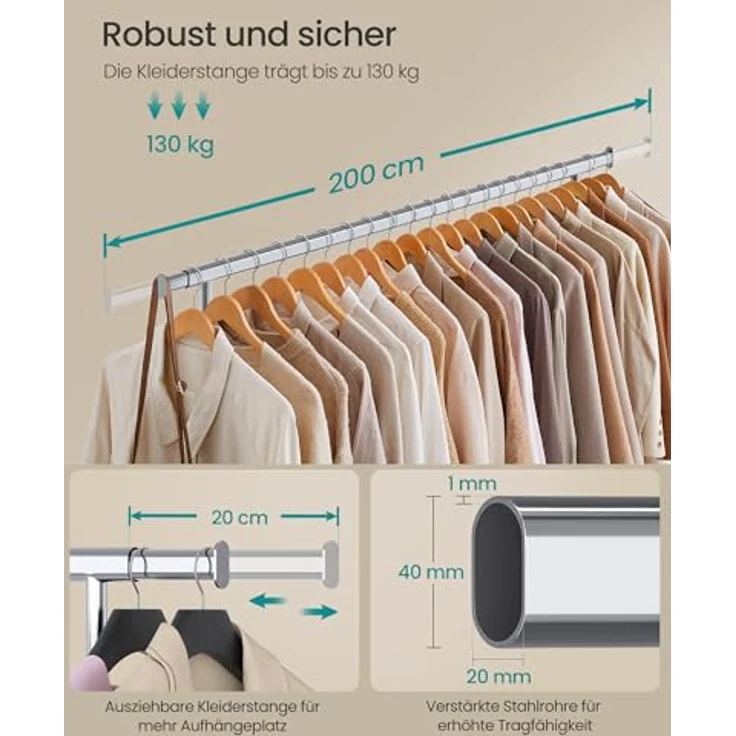 SONGMICS Kleiderständer auf Rollen, Schwerlast-Garderobenständer, ausziehbare Kleiderstange, bis 150 kg belastbar, einfache Montage, transportabel, silbern HSR175E01 – Bild 4