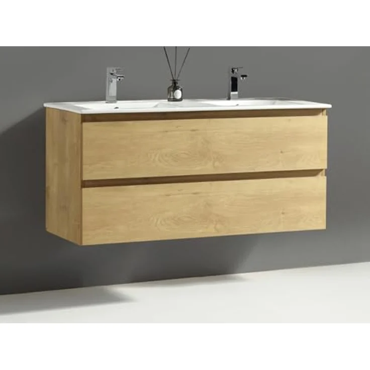 Alpenberger Badezimmer-Set Badezimmer Möbel Badschrank - Doppelwaschbecken mit Unterschrank, (Moderner Waschplatz, Keramik Waschbecken mit Überlauf), Doppelwaschtisch 120 cm Breit – Eiche Natur – Bild 2