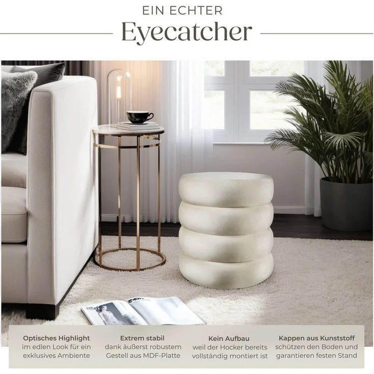 tectake® Hocker mit Stauraum, Scandi Sitzhocker Samt Stoff, Pouf, Polsterhocker rund für Schminktisch, Schlafzimmer, Wohnzimmer Möbel, als Flur Möbel, Stauhocker Wohnen - Samtoptik Creme-weiß – Bild 2
