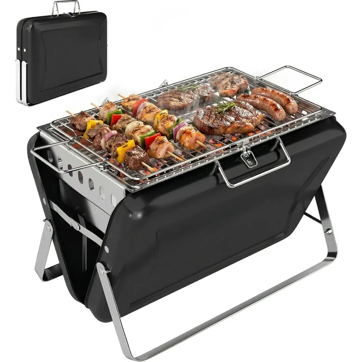 JARDJ Holzkohlegrill aus Edelstahl BBQ Smoker mit Grillrost Griff klappbaren Beinen für Barbeque Camping 40x28x25,5cm Schwarz