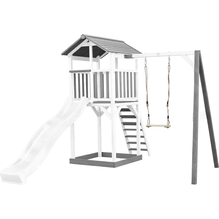 AXI Beach Tower Spielturm aus Holz in Weiß & Grau Spielhaus für Kinder mit weißer Rutsche, Schaukel und Sandkasten | Weiß, grau, weiß | Holz | 349 cm