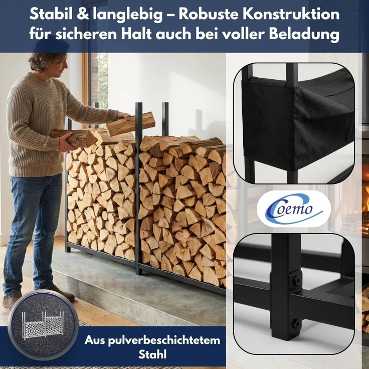 Coemo Brennholz Regal Hans Kaminholzregal mit Abdeckplane Metall 2 Segmente 25 x 223 x 115 cm – Bild 3