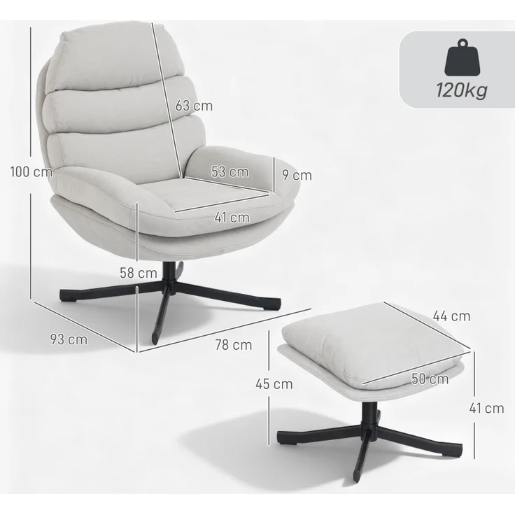 Relaxsessel mit Ottomane, Chenille, 360° drehbar, breite Sitzfläche, Stahlkreuzbasis, bis 120kg, gemütlich – Bild 7