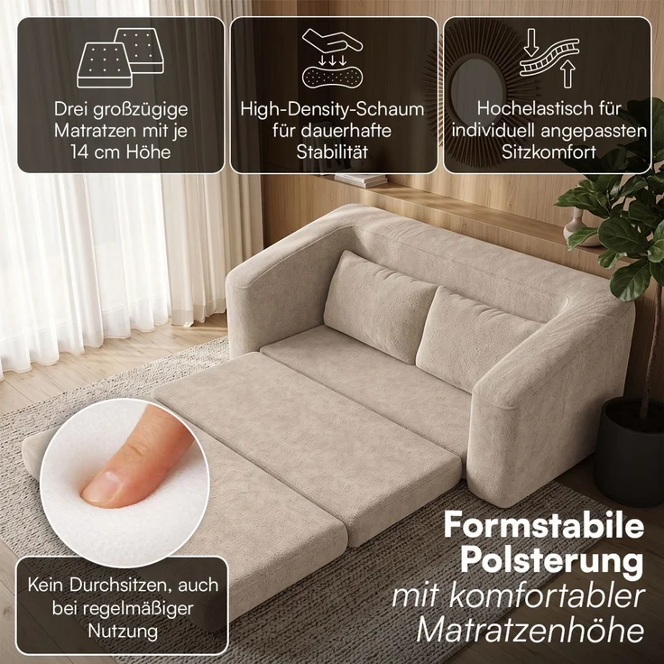 skølm 'Fjäll' Schlafsofa 2 Sitzer mit 2 Kissen, beige, Teddy-Bouclé Sofa ausklappbar, mit Liegefunktion, vakuumverpackt ohne Aufbau – Bild 2
