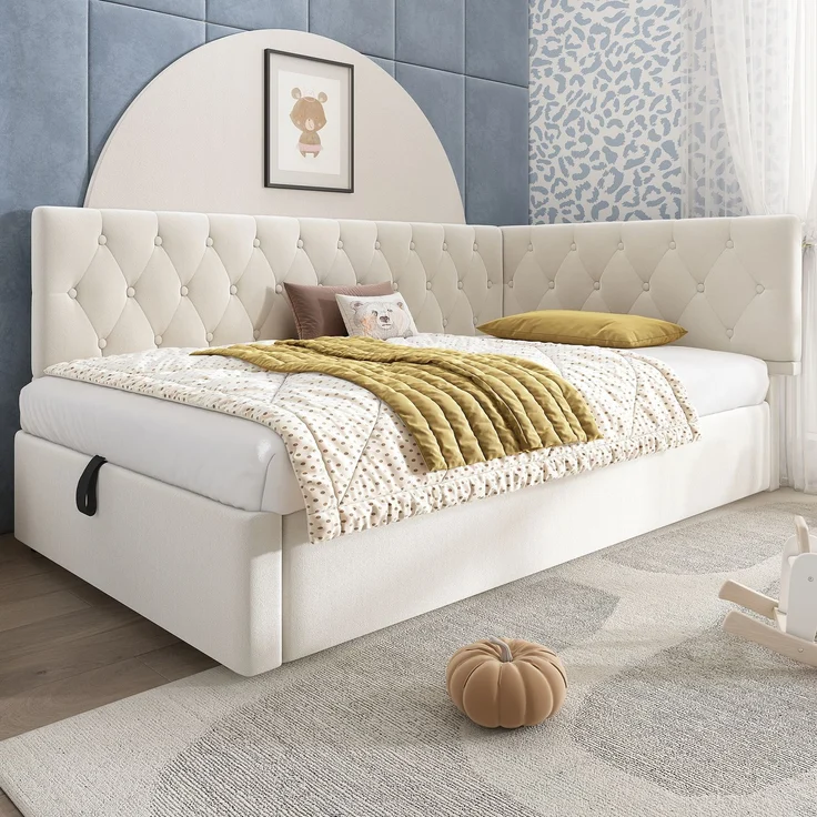 Polsterbett 90x200 cm aus Samt mit hydraulischem Stauraum – L‑förmiges Daybed, beige – Bild 1