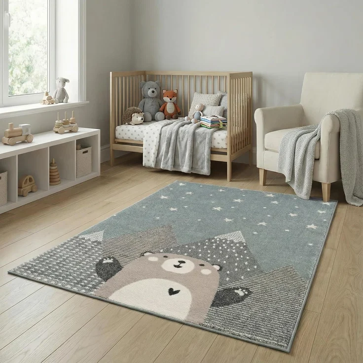 Jimri Kinderteppich Happy Friends Teppich für Kinderzimmer, Kinderteppich Bär Hase Panda, Rechteckig – Bild 1