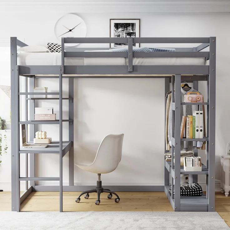 Hochbett 140x200 cm mit Schreibtisch und Stauraum,Kinder- & Jugendbett aus Massivholz,Leiter & Regale,Grau – Bild 2