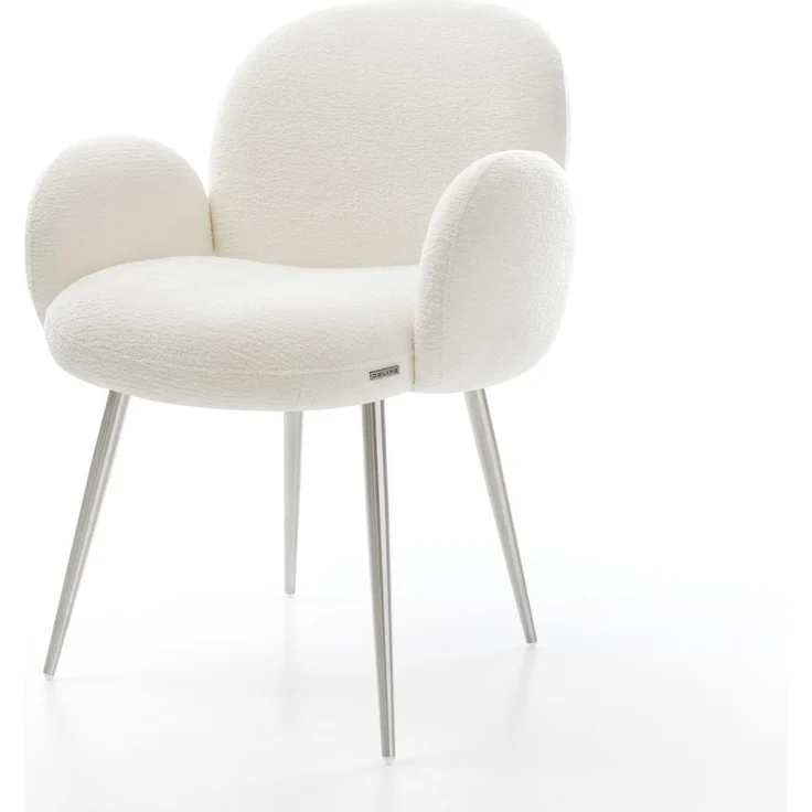 Esszimmerstuhl Nube-Flex mit Armlehnen Bouclé Soft Beige 4-Fuß konisch Edelstahl Taschenfederkern – Bild 1