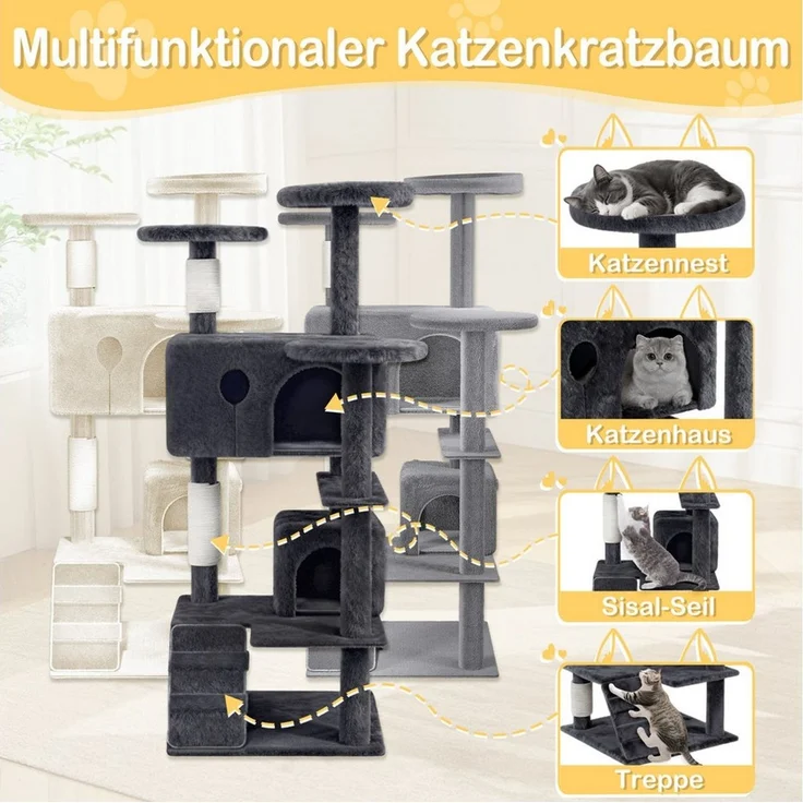 FIVMEN Kratzbaum Grosse 130cm mit Sisal-Seil, 2 Katzenhäusern Plattformen & Höhle, Katzenmöbel Katzenspielzeug für Katzen Beige Dunkelgrau Grau – Bild 3