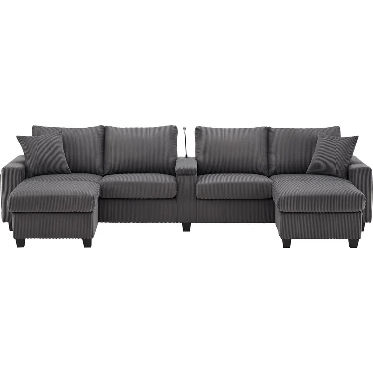U-förmiges Sofa 334x128,5x81 cm in Grau, Cord, mit USB/Type-C, Leselampe, Stauraum und LED-Armlehnen – Bild 6