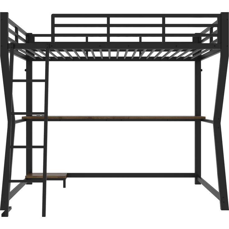 Hochbett, 90*200cm , Mit LED-Leuchten, Computerkonsolenablage, Schreibtisch, Steckdose+USB, Geländer, Treppe, ohne Matratze, Schwarz – Bild 10