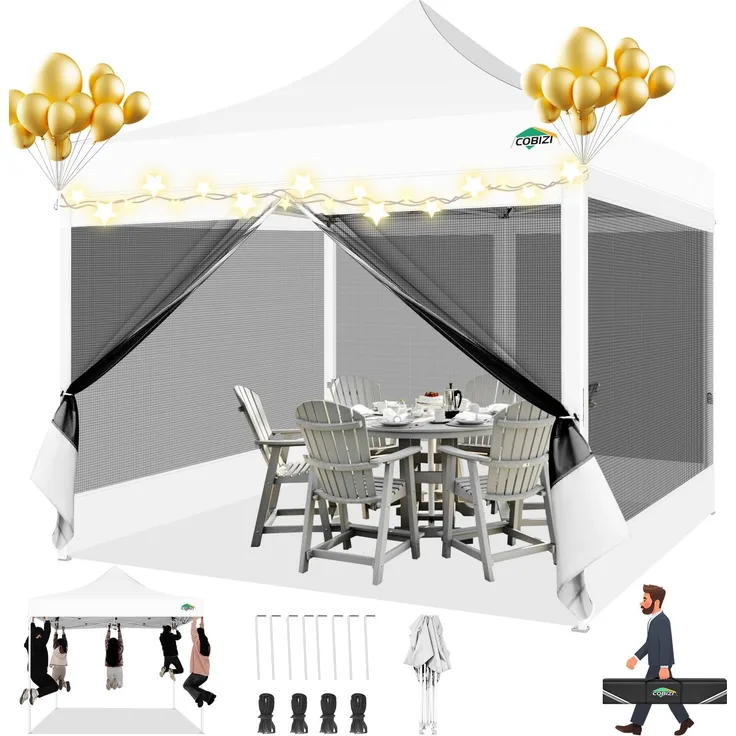 COBIZI Pavillon 3x3 Faltpavillon 3x3 Wasserdicht Stabil, Partyzelt Gartenpavillon UV-Schutz mit 4 Seitenwänden aus Mesh, Weiß