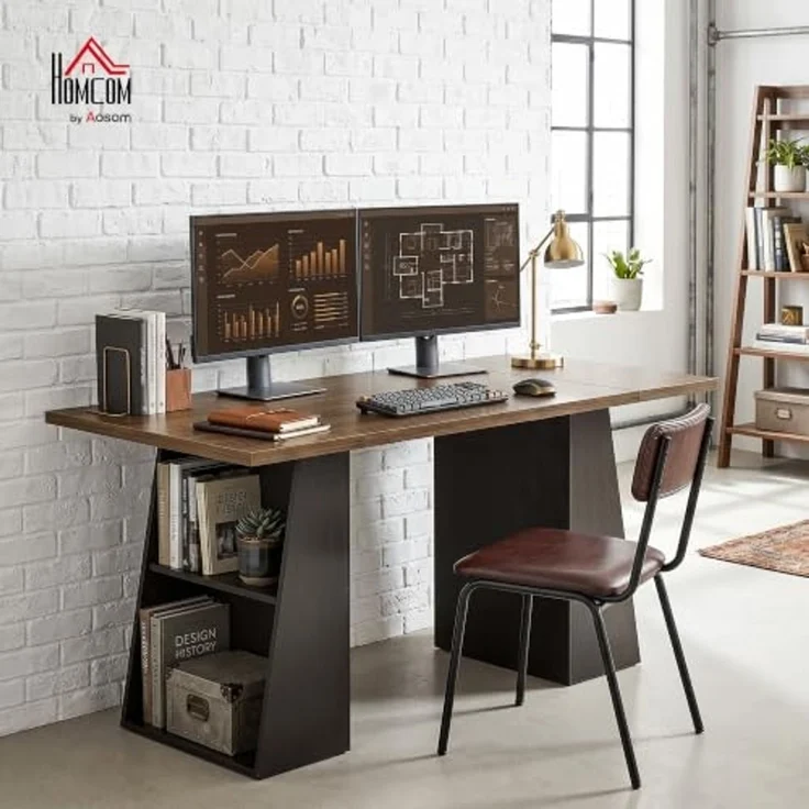 HOMCOM Schreibtisch Computertisch, Arbeitstisch mit Metallrahmen, Home Office (nicht anwendbar, 1-St, 1 Tisch), für Home Office und Arbeitszimmer, Braun, Schwarz – Bild 2