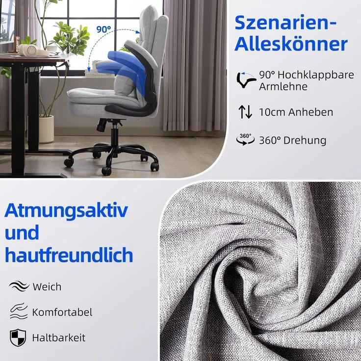 Bürostuhl Ergonomisch Hochklappbare Armlehne & Hohe Rückenlehne 150 kg Grau – Bild 6