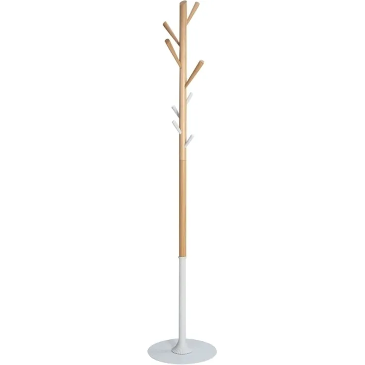 ALBA Garderobenständer PMTREE Höhe: 1.750 mm buche/weiß mit 8 Haken aus Holz Standrohr aus Holz Durchmesser 38 mm - 1 Stück (PMTREE BC)