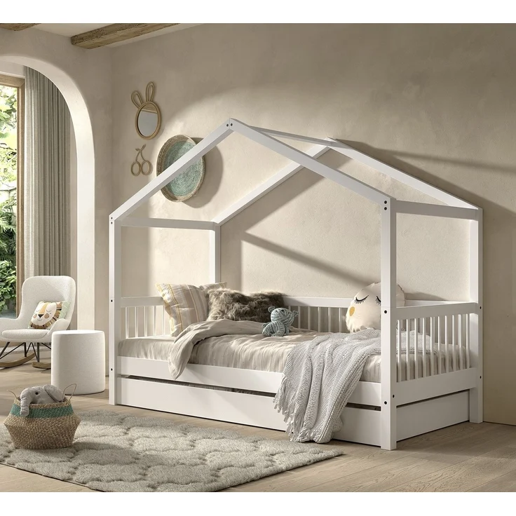 Hausbett >Buche Massiv< in Buche massiv weiß lackiert - 207,5x170x97,5 (BxHxT) – Bild 2