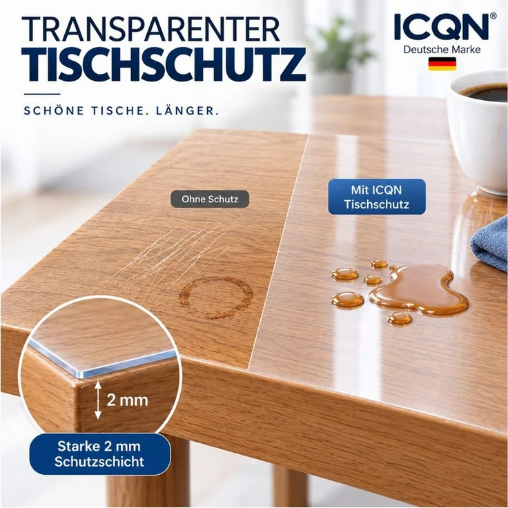 ICQN Tischdecke Transparente PVC Tischschutzfolie 2 mm, kratzfest & hitzebeständig – Bild 3