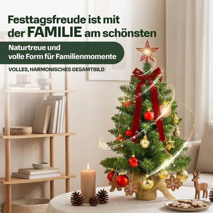 Lindenstein Echter Weihnachtsbaum Künstlicher Mini-Weihnachtsbaum mit LED-Beleuchtung und Deko, 60 cm, Nordmanntanne, Wiederverwendbar, vielseitig, pflegeleicht, umweltfreundlich – Bild 2