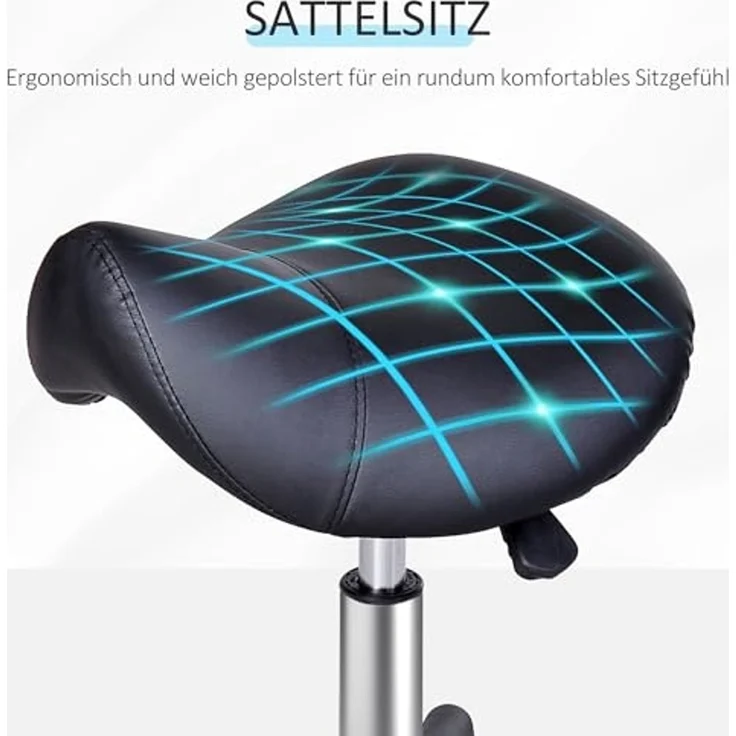 HOMCOM Rollhocker Höhenverstellbarer Drehhocker Arbeitshocker mit Rädern Drehbarer Salonstuhl Sitzhocker Salon Hocker Kunstleder Schwarz 35 x 38 x 43-55H cm – Bild 5