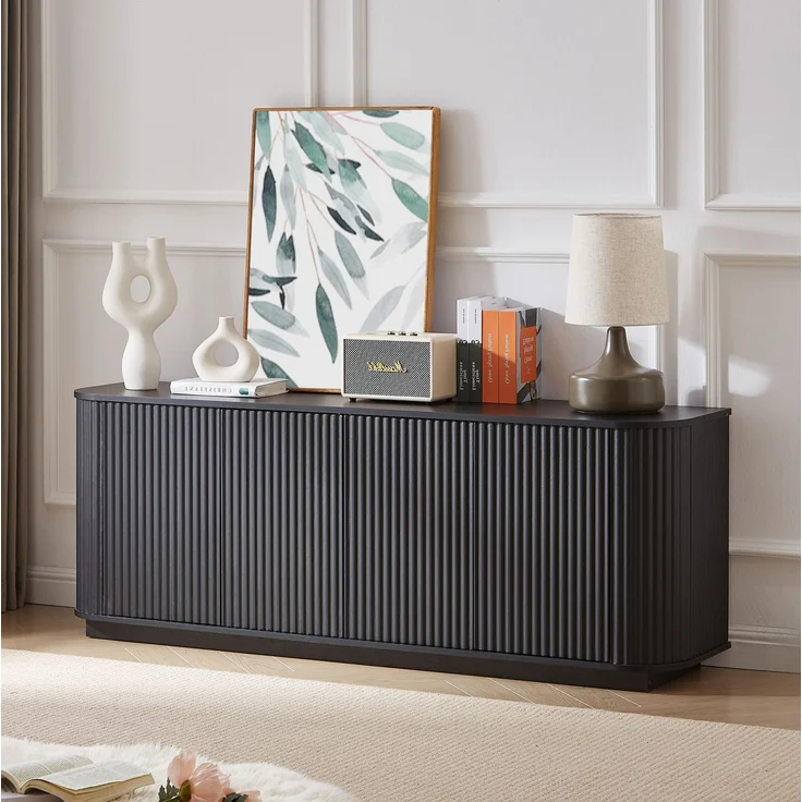 DESVIAE Sideboard mit 4 Türen und Wellenmuster 162,5x61x38 cm MDF Schwarz – Bild 1