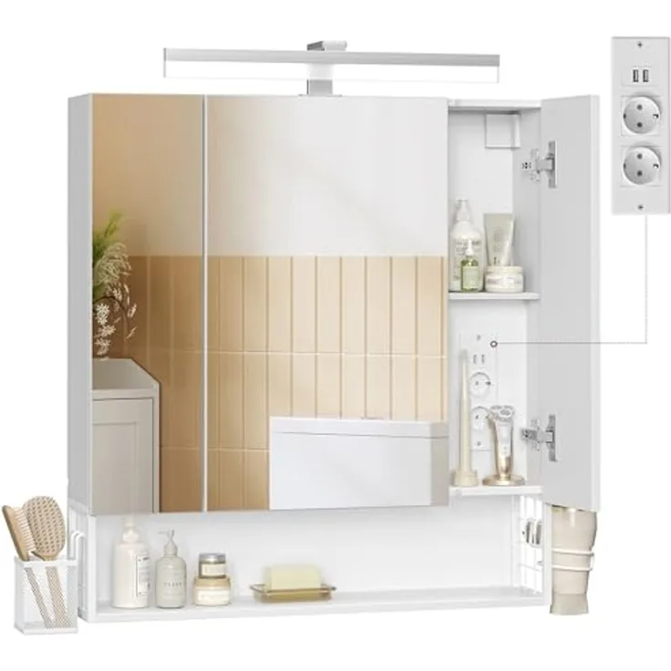 Vasagle Spiegelschrank mit Steckdosen und Haartrockner-Halter, MDF, 16,5 x 70 x 75 cm, Wolkenweiß