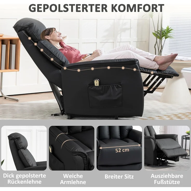 HOMCOM Relaxsessel Elektrischer Aufstehsessel (Fernsehsessel, Sessel mit Aufstehhilfe, Liegefunktion, 1-St, Kunstleder), 80 x 94 x 104 cm, Schwarz – Bild 4
