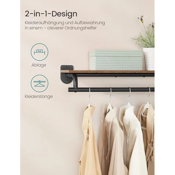 SONGMICS Wandgarderobe, Garderobe, Wandregal mit Kleiderstange, Gesamtbelastbarkeit 60 kg, 28 x 109 x 13,2 cm, für Schlafzimmer, Ankleidezimmer, vintagebraun-tintenschwarz HSRDE135B01 – Bild 4