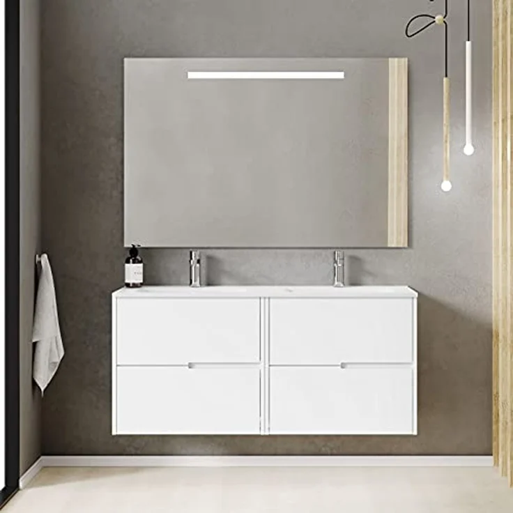 Baikal Gavin Badezimmermöbel mit Waschbecken und Spiegel mit LED-Beleuchtung, Vier Schubladen, Nebraska-Optik, Melamin 16, einfach zu montieren, 16 mm, weiß, 120 X 46 X 56 – Bild 2