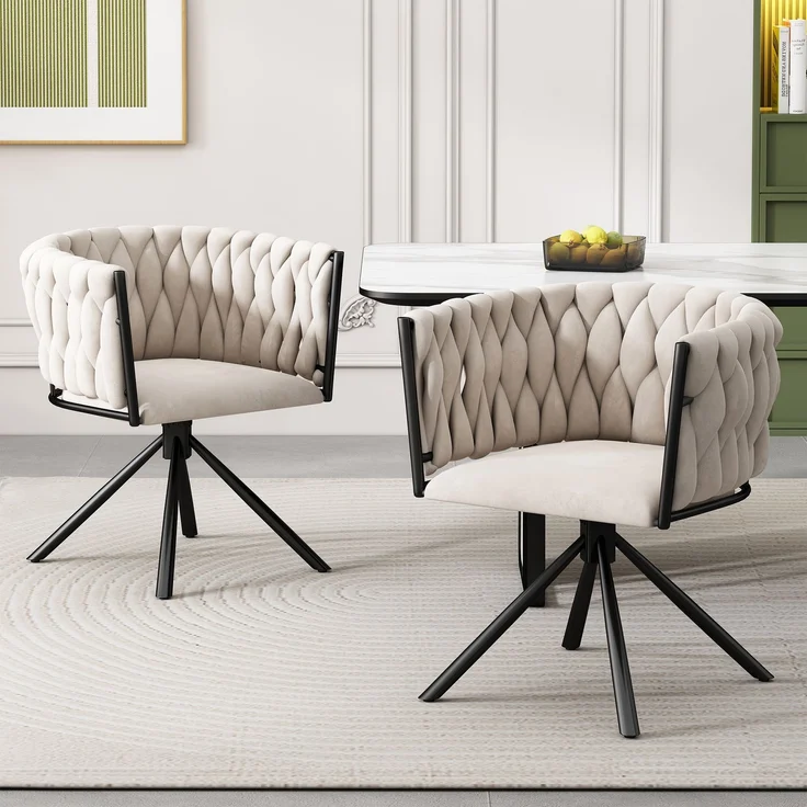 Merax Samt-Esszimmerstuhl, 2er set, Schlafzimmer-Drehstuhl, Freizeit-Drehstuhl mit vier Stützbeinen aus Metall, beige – Bild 2