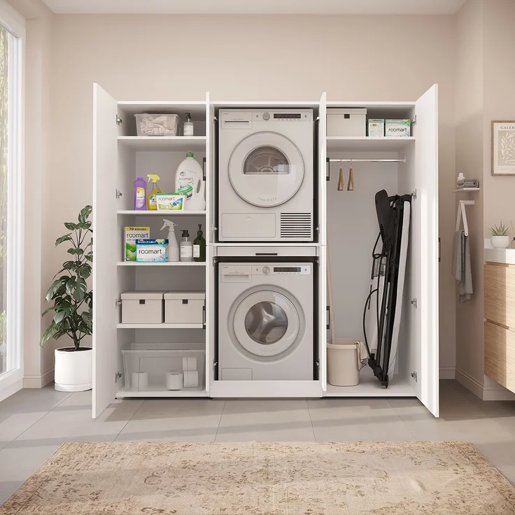 Roomart Waschmaschinenschrank - DORA-I- 190 cm breit - Wasch- & Trocknerschrank mit 2 Hochschränken, Türen & Ausziehbrett, Waschmaschinen-Überbau für Waschküche & Hauswirtschaftsraum • Weiß – Bild 5