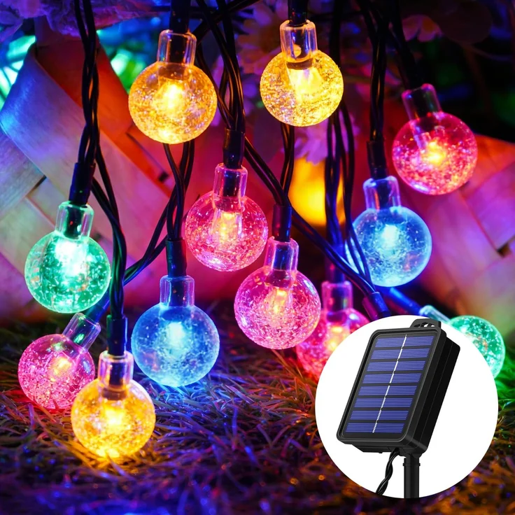 Lichterkette Außen Solar Wetterfest, 100 LED 18M 59Ft 8 Modi IP65 Solarlichterkette Bunt Kristall Kugeln Außen/Innen Lichter Beleuchtung für Balkon Terassen Garten Bäume Weihnachten Partys Fenster – Bild 1