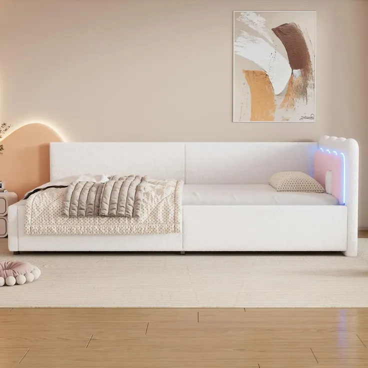 Schlafsofa mit LED-Beleuchtung und Lattenrost, 90x200 cm, Polsterbett, Einzelbett, Jugendbett, Vlies – Bild 4