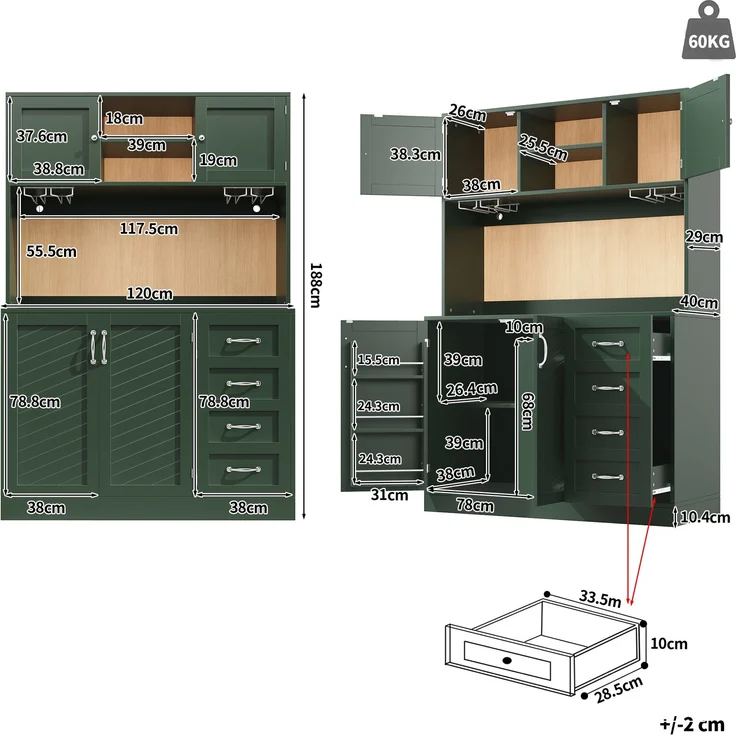 Seitenboard / Aufbewahrungsschrank / Küchenschrank / Buffetschrank, 120 x 40 x 188 cm, mit LED-Beleuchtung, Snackregal & Getränkehaltern, 4 Türen & 2 große Schubladen, Grün/Schwarz/Weiß – Bild 6