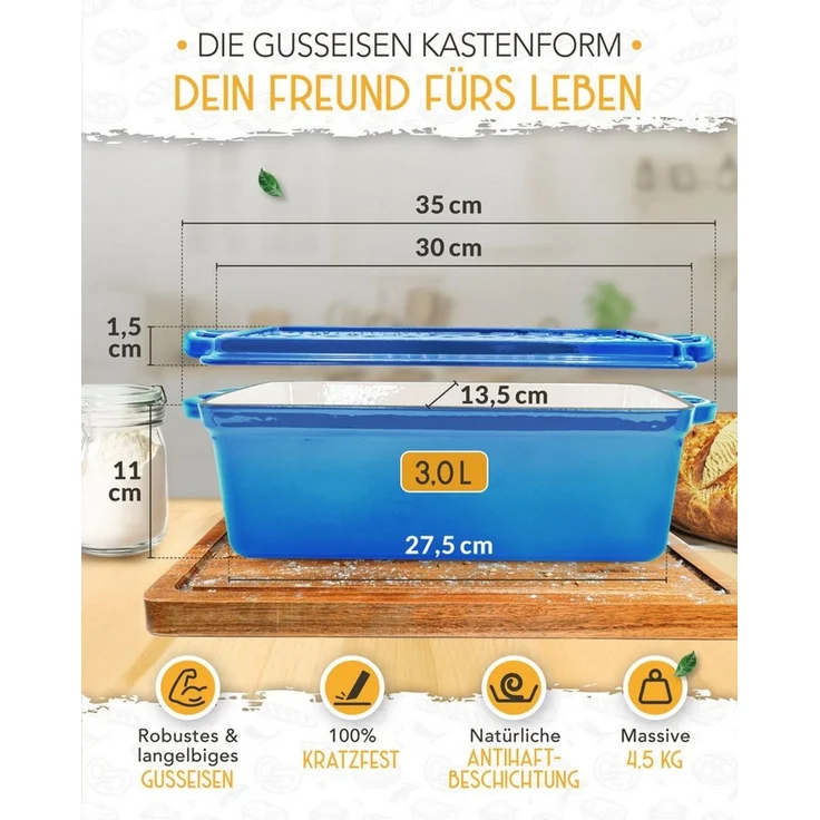 Krustenzauber Brotbackform Emaille Brotbackform 28cm mit Deckel im Komplettset, Kastenform Brot – Bild 3