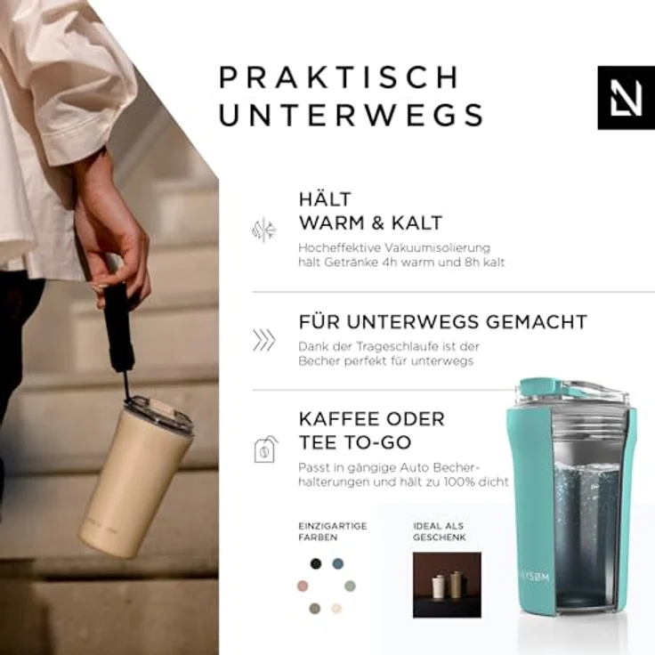 LARS NYSØM Thermo Kaffeebecher to go mit Trageschlaufe & Tritan Deckel | Travel Mug 0,38 Liter mit Isolierung | Auslaufsicherer Edelstahl Thermobecher für Café & Tee (Aqua Turquoise, 380ml) – Bild 2