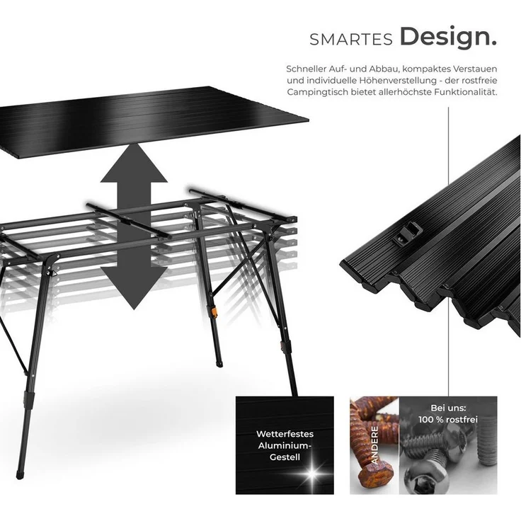 tectake® Campingtisch, Klapptisch aus Aluminium, aufrollbare XXL Tischplatte, Campingtisch faltbar, Reisetisch, Gartentisch, wetterfest, höhenverstellbare Beine, Tragetasche, 120x70,5 cm - schwarz – Bild 2