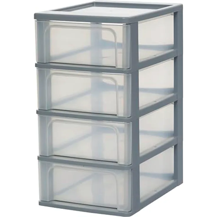 Iris Ohyama, Kunststoff Schubladenbox mit 4 flachen Schubladen, Grau, Easy-Pull-System, A4, A5 & A6 Format, Schreibtisch Organizer für Büro, Schule, Schreibwaren, BPA-frei, Schubladenschrank, OCH-2004