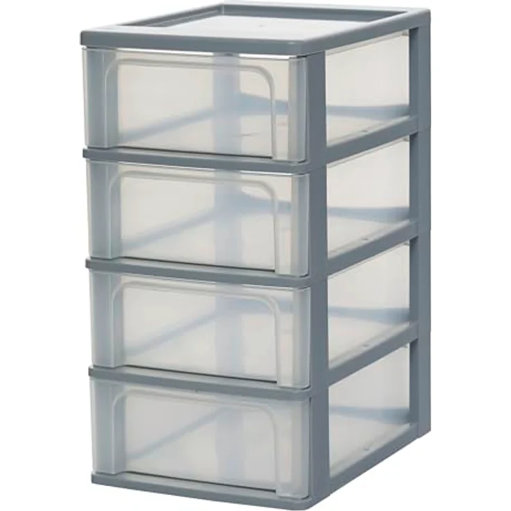 Iris Ohyama, Kunststoff Schubladenbox mit 4 flachen Schubladen, Grau, Easy-Pull-System, A4, A5 & A6 Format, Schreibtisch Organizer für Büro, Schule, Schreibwaren, BPA-frei, Schubladenschrank, OCH-2004 – Bild 1