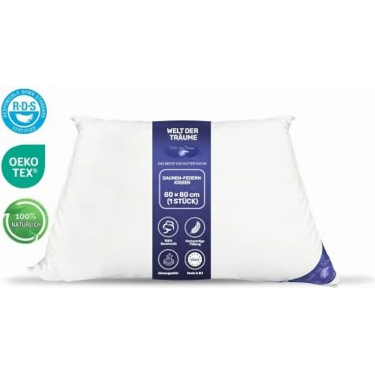 Welt der Träume Dreikammerkissen, Füllung Innen: neue Gänsefedern (1200 gr) / Füllung außen: neue Gänsedaunen (200 gr), Füllgewicht: 1400 Gramm, Farbe: weiß, Größe: 80x80 cm, Öko-Tex Zertifiziert – Bild 2