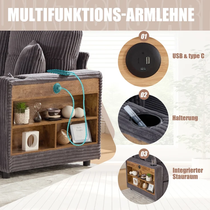 LVHOM Schlafsofa mit LED & USB, Ecksofa mit Ablagefächern, Schublade und Becherhaltern, Schlafcouch aus Cordstoff, frei Kombination, 196x144x85 cm – Bild 7