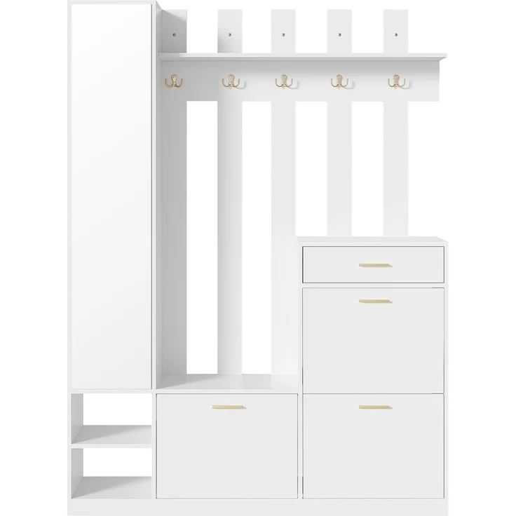 CHICFURN Schrank 133x180x23,5 cm als Garderoben-Set mit 3 Schuhkippern und Spiegel Weiß – Bild 8