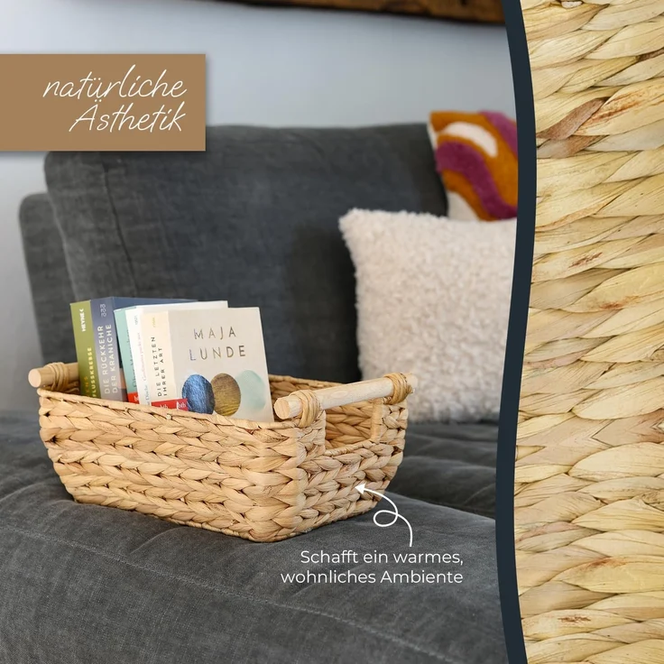 HMF Aufbewahrungskorb Aufbewahrungskorb mit Holzgriffen, Korb geflochten aus Wasserhyazinthe, Badezimmerkorb, lang und bauchig, 32 x 22 x 12 cm – Bild 4