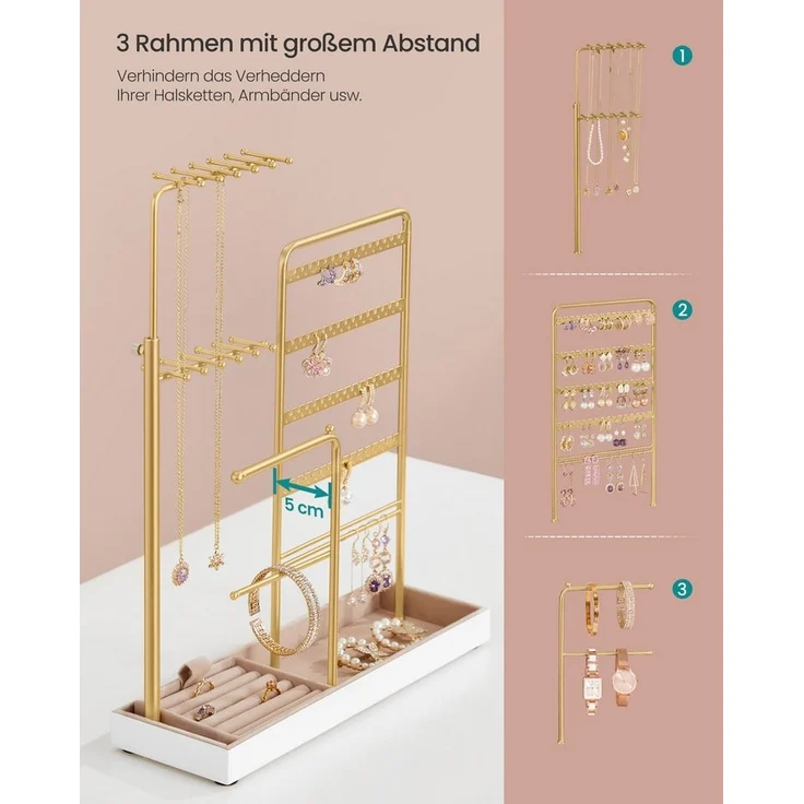 SONGMICS Schmuckständer, Schmuckhalter, Metallrahmen, Schmucktablett Samt, ausziehbarer Kettenhalter, 30,9-47,5 cm hoch, Schmuckaufbewahrung, blassgold – Bild 2