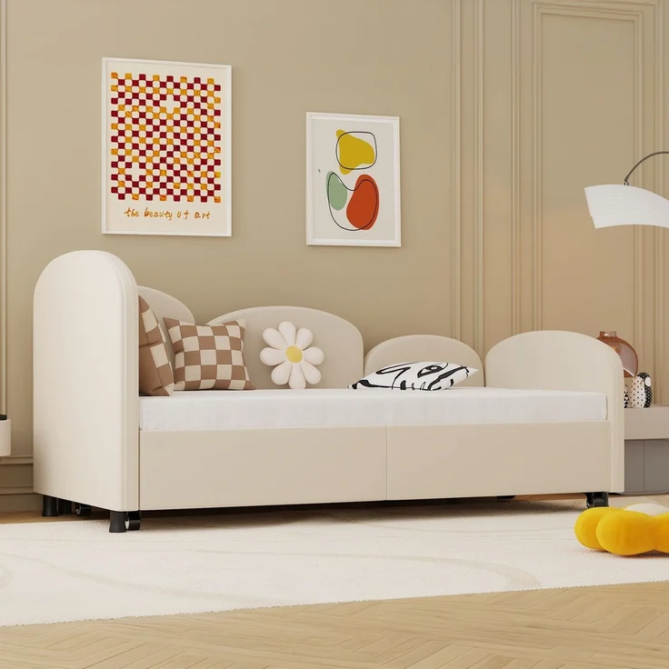 Kinderbett Blumenform, Kinderbett aus Samtstoff mit Sicherheitsrand, Massivholzrahmen, ausziehbare Schublade 90x200 cm,Beige – Bild 3